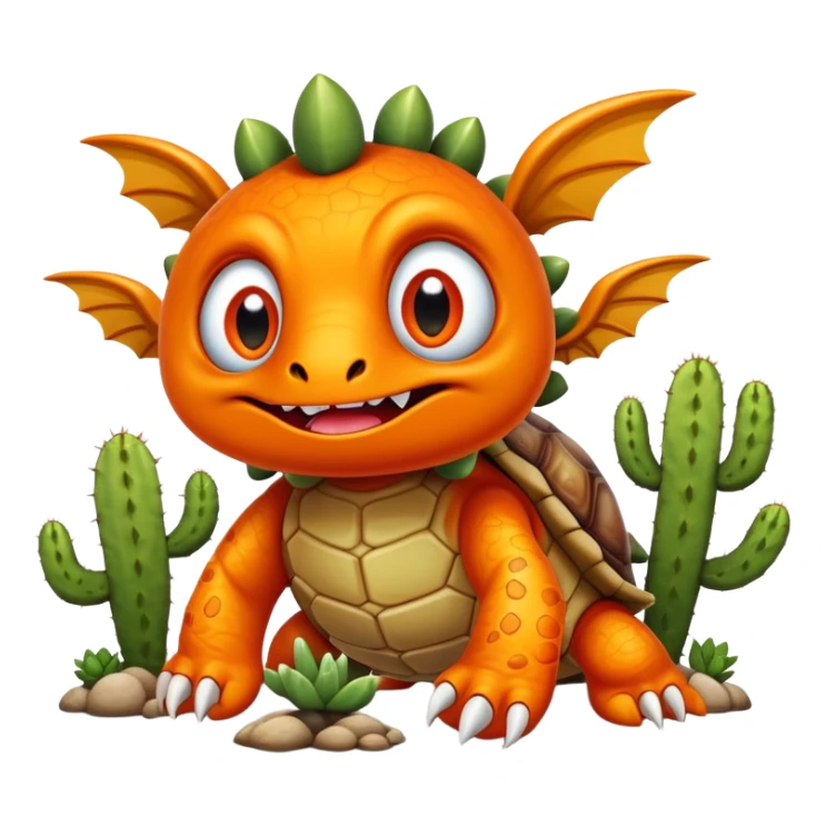 An orange creature with fangs, alien googly eyes, claws, wings, with white dots, and a turtle shell. it looks strong. with a lion face and cactus hands sticker