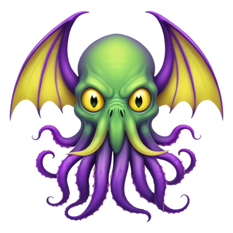 light green Cthulhu with purple bat wings and purple gradient tentacles. Yellow angry eyes. yellow suckers on tentacles. dramatic ominous shading sticker