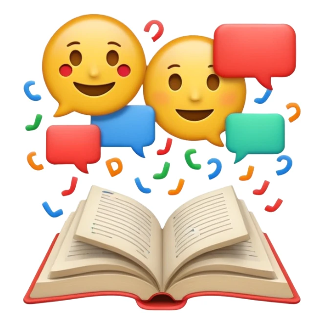 A minimalist emoji-style icon representing wordplay — symbolizing creativity with language. It features an open book or speech bubble merging with playful letters or word fragments, forming a clever visual pun. sticker