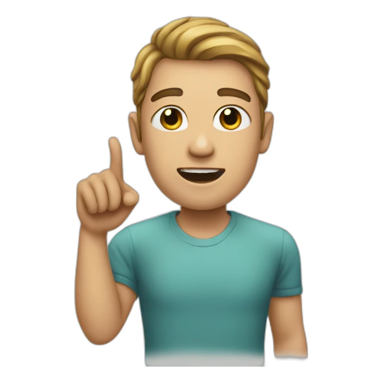 A person with a very marked jaw, pointing at it sticker