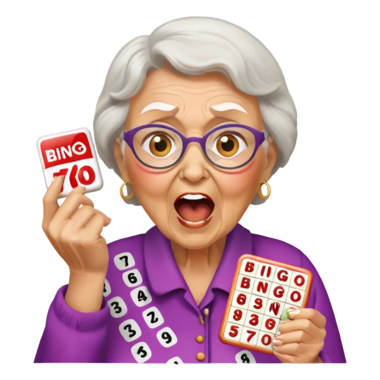 Grandma yelling BINGO holding bingo card sticker