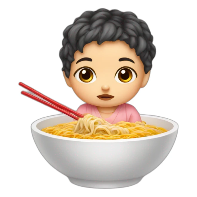 Sad baby girl with ramen bowl sticker