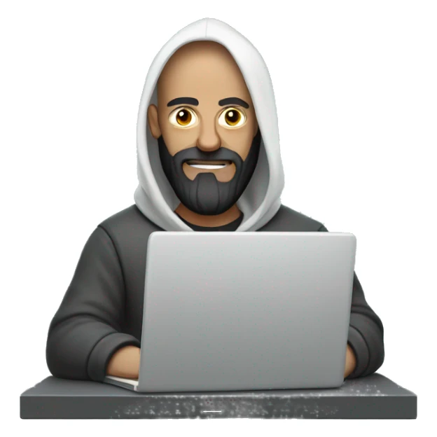 heavy set white bald guy with long dark beard in a hoodie behind a laptop sticker