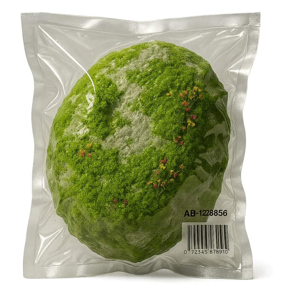 light gray rock covered with green moss and tiny multicolored flowers, shiny and inflated sticker