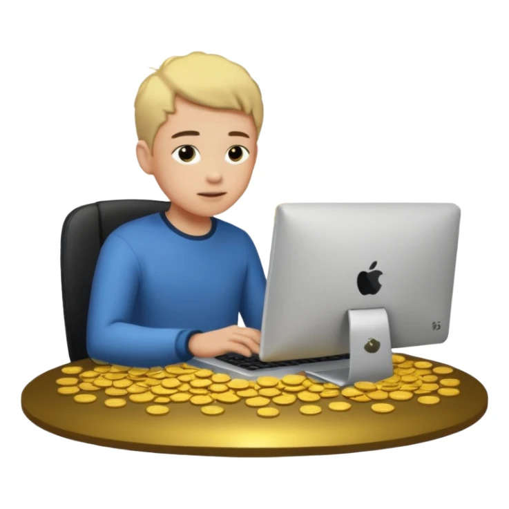sujeto en su computadora con particulas de dinero alrededor sticker
