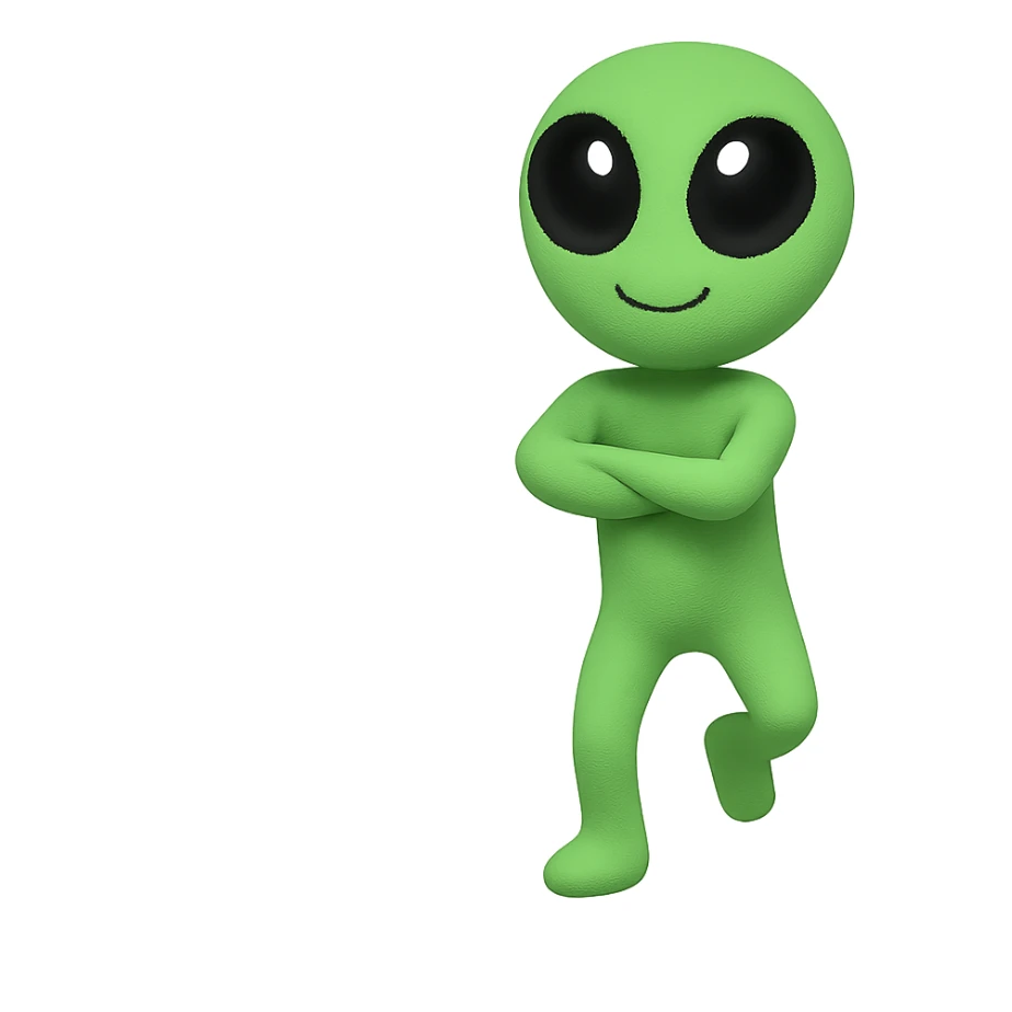 Edit the alien dancing neon green image to have crossed arms and a slightly changed pose for animation frame 1. Keep it almost identical to the reference with a transparent background. sticker
