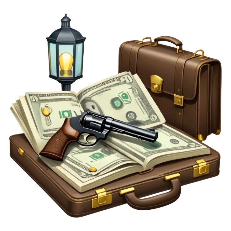 Icon for Action & Crime Reading: an open book with dramatic crime scenes—bullet holes on pages, a detective badge, a revolver, and a getaway car. Surrounding elements include a briefcase with cash and a flickering streetlight. Transparent background. sticker