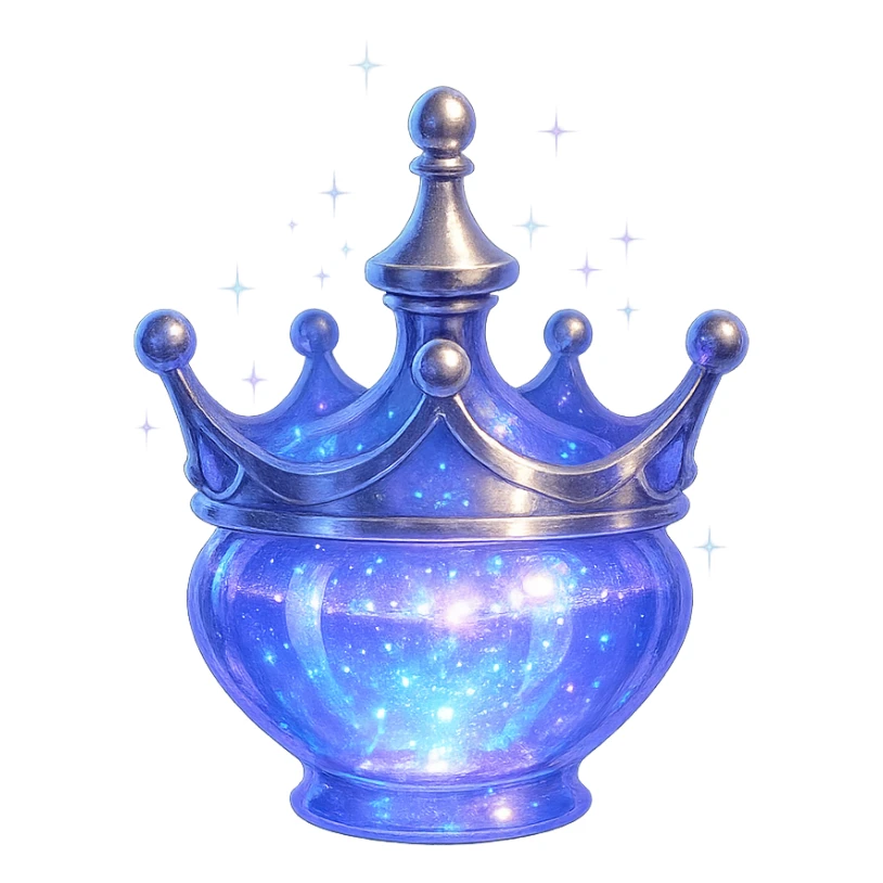 small crown-shaped luxurious elixir bottle, color #7986cb, iridescent and silver details, intense magical glowing and sparkling effects, very small neck, seamless bottom, transparent background, floating, no base or shadow, modern, matching a collection sticker