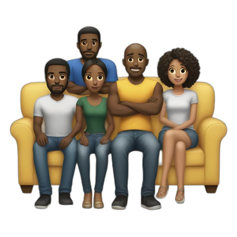 (five black men) standing around a light-skinned girl sitting on a sofa sticker