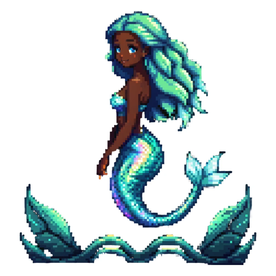 Dark-skinned mermaid with glowing iridescent tail in ocean setting sticker