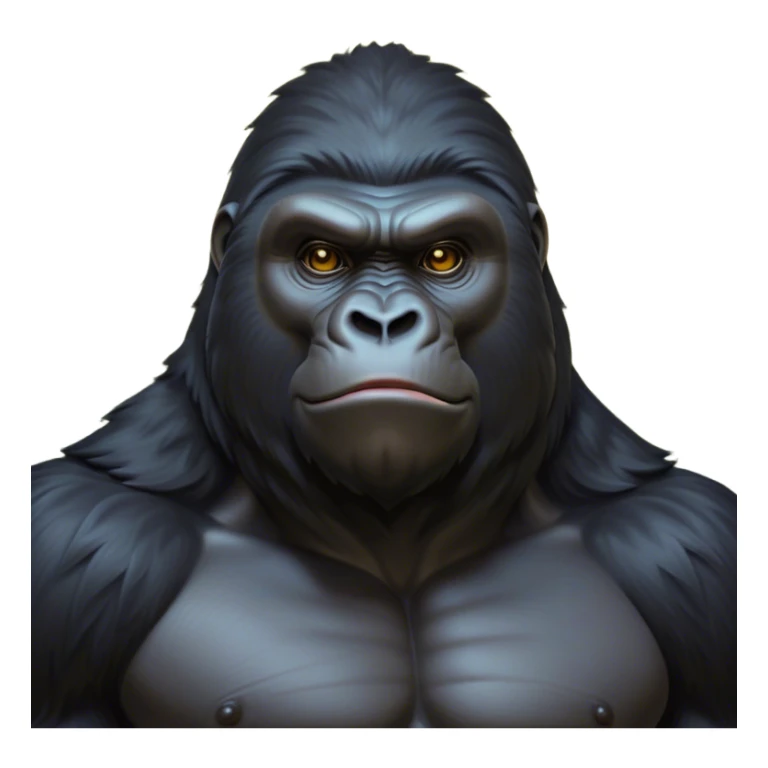 Cinematic Noble Gorilla Portrait Emoji, Poised and commanding, with a massive, muscular build cloaked in dense, rich fur and deep, soulful eyes, Simplified yet sharp and sophisticated features, highly detailed, glowing with a soft, dignified jungle glow, high shine, intelligent and formidable, stylized with an air of primate majesty, focused and authoritative, soft glowing outline, capturing the essence of a watchful guardian that feels as though it could step out of the screen with effortless authority! sticker