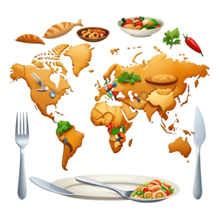 Icon for Culinary Tourism: a world map with food elements like a fork, knife, and dish, surrounded by iconic dishes from various countries. The icon should represent the exploration of global cuisines and travel experiences. Transparent background. sticker