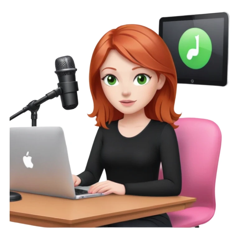 Redhead with green eyes sat at desk with pink MacBook and  podcast microphone black top and pink chair  sticker