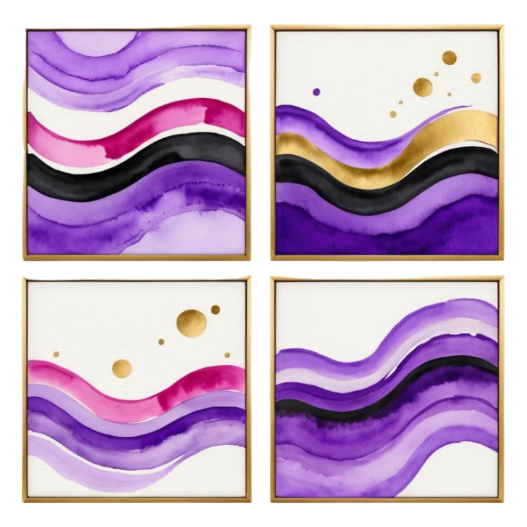Black, white, gold, purple, abstract Watercolor paintings on three small canvases hanging next to each other  sticker