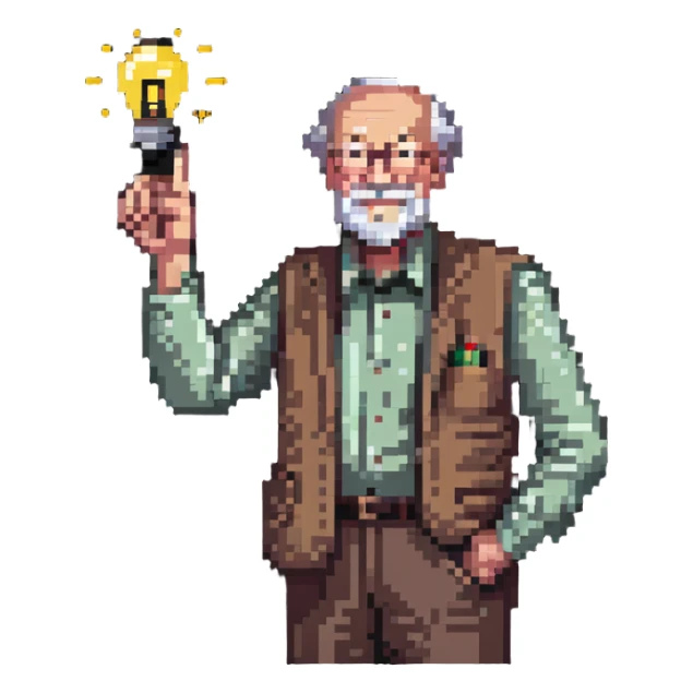 elderly man pointing his finger up at a light bulb, pretending that he has an idea sticker