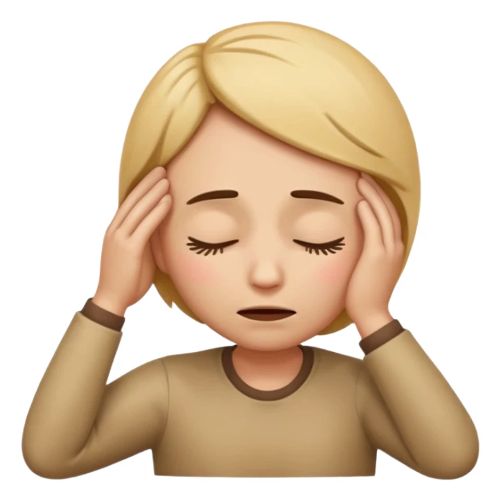 Apple-style emoji of a face with closed eyes, hand on forehead, looking stressed or lost in thought representing 고민 (deep thought) sticker