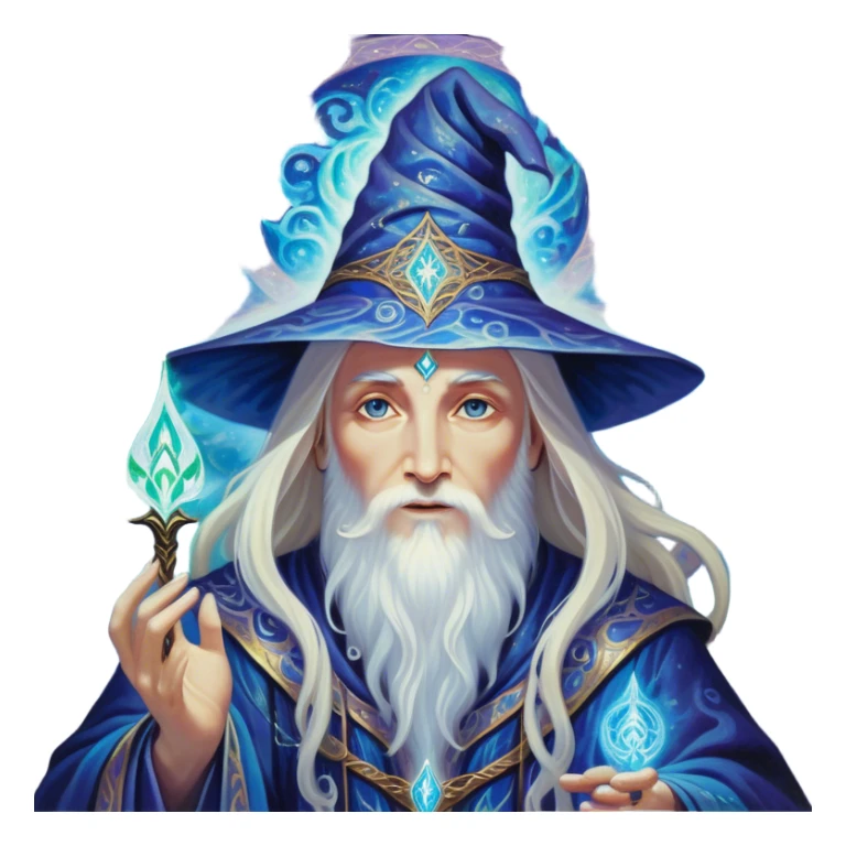 A luminescent enchanting Wizard, his ethereal presence shimmering with otherworldly energy, each detail radiating with mystical power and ancient wisdom. The painting, a masterpiece of acrylic art, captures the Wizards hauntingly beautiful visage in exquisite detail. Swirls of cosmic colors dance around him, evoking a sense of celestial wonder, while intricate patterns of glowing runes adorn his intricate robe. The image is vivid and captivating, drawing viewers into a mesmerizing realm of fantasy and magic. sticker