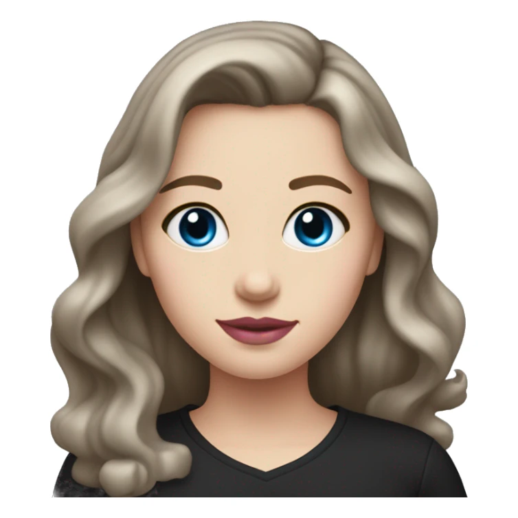 Brunette white girl with blue-grey eyes, pink lips and medium-long length wavy hair in a black shirt sticker