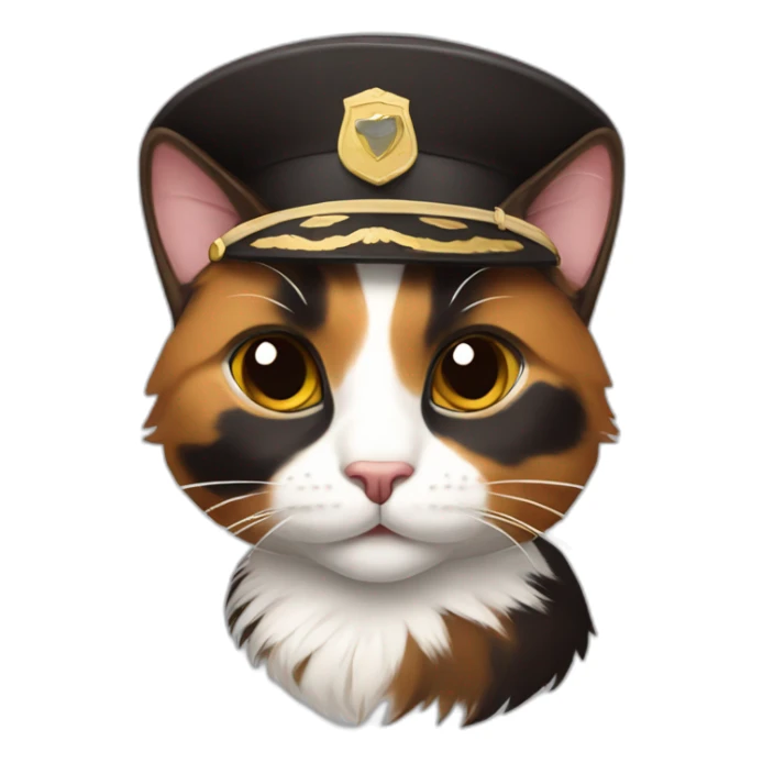 calico cat with dark brown fur wearing a pilot hat sticker