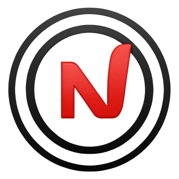 Círculo totalmente negro, adentro del círculo un símbolo de encendido y apagado en color blanco y una letra N en color rojo sticker