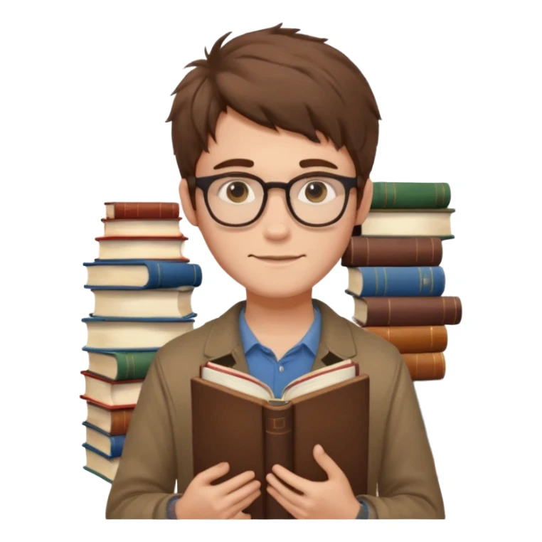 generate an ios genmoji of a fair 20 year guy with faint beard, spectacles, messy hair, books in hand sticker