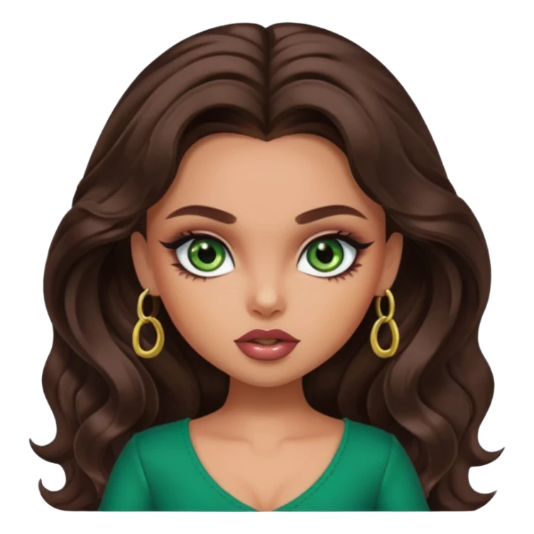 girly bratz baddie, beautiful green eyes, bratz makeup, long dark brown wavy hair sticker