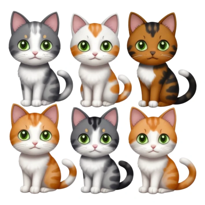 6 different coloured small cats including a dark grey and white, and a patchy calico, and a brown tabby and white,  and a completely solid dark grey with green eyes and only white paws sticker