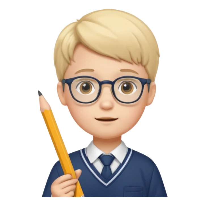 boy kid with glasses → holding a pencil with school uniform sticker