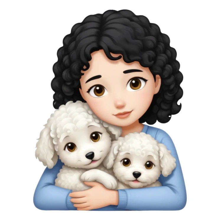 A black-haired girl hugs a white curly-haired puppy sticker