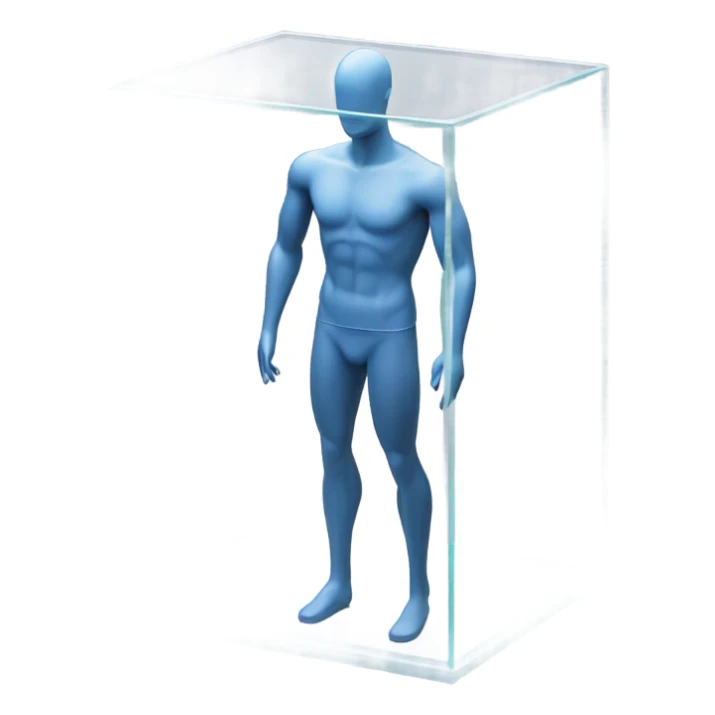 male mannequin abs cubes inside a glass cube on a stand isometric view sticker