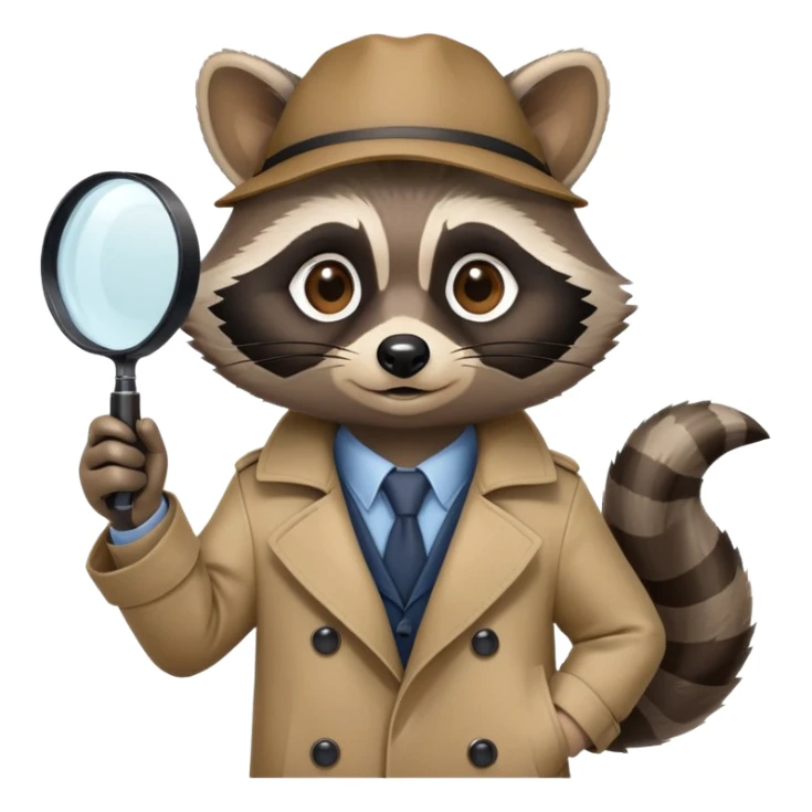 Raccoon private investigator with trenchcoat and magnifying glass sticker