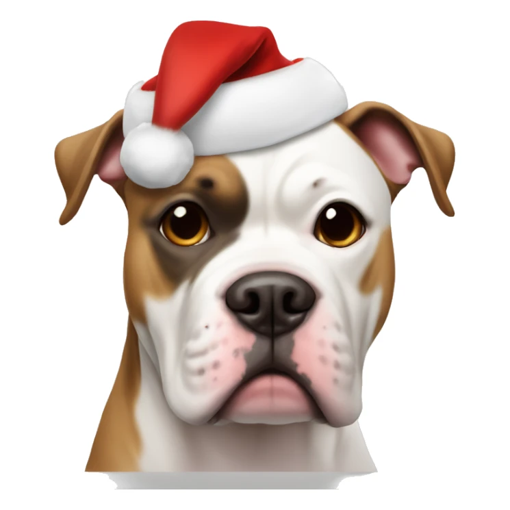 White & brown American bulldog  with a brown circle around left eye with an santa hat on sticker