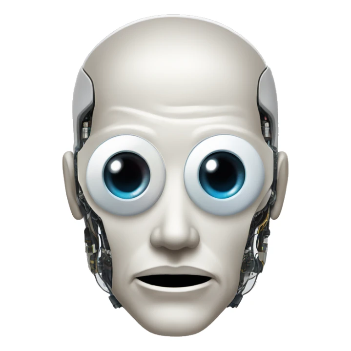 Flat white plating on cyborg head with  one artificial eyeball, circuitry, goatee sticker