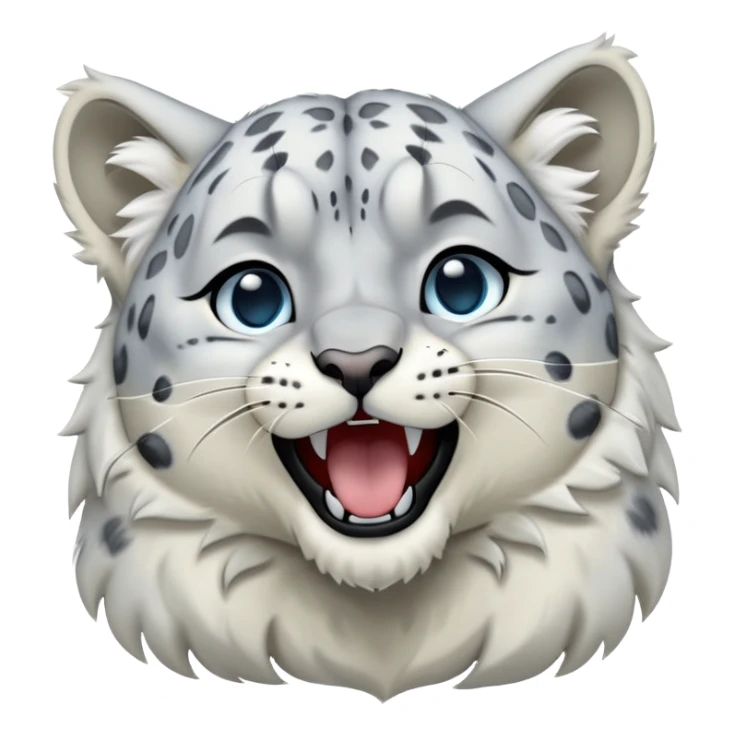 Cinematic-Cute-Yawning-Snow-Leopard-Portrait-Emoji – Head tilted slightly with a dramatic, wide-open yawn, revealing a plush white-and-grey coat with dark rosettes, fluffy ears slightly twitching, round icy blue eyes barely open in drowsy contentment. sticker