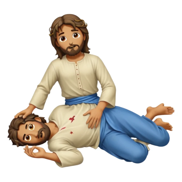 fullbody Jesus apostle in prone pose, alternate hairstyle, clear prone position, full body visible, apple emoji style sticker