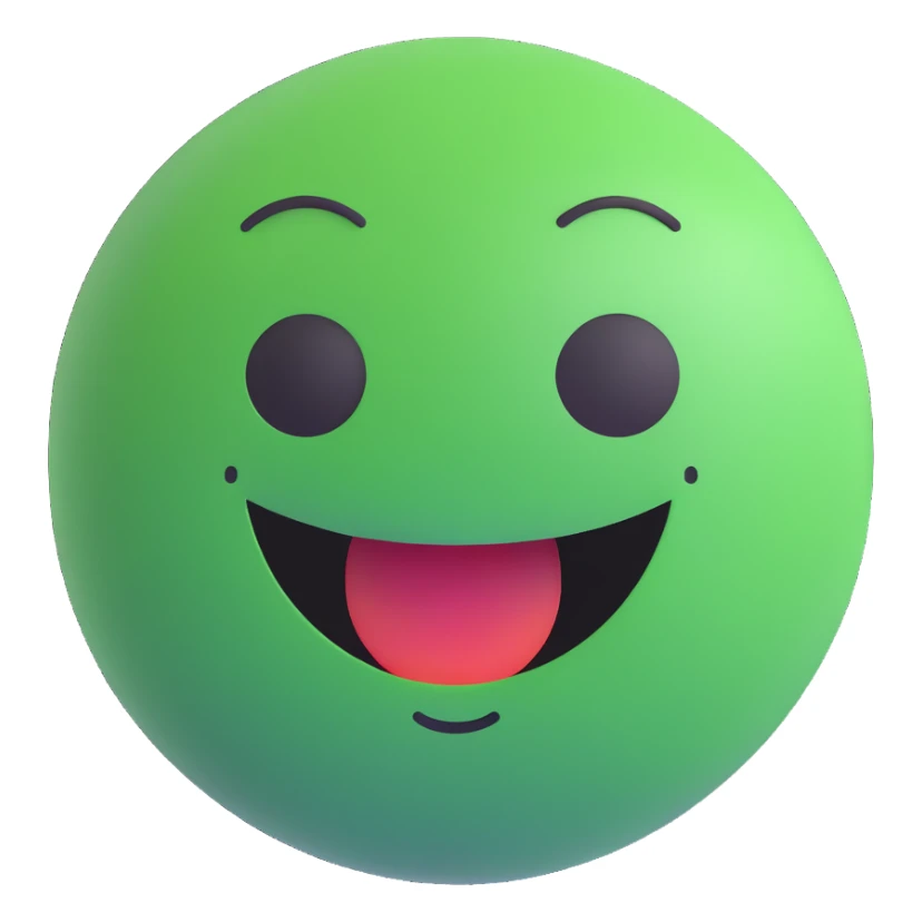 3D smiley emoji, round shape, green color, with text 'nyugi', calm face sticker