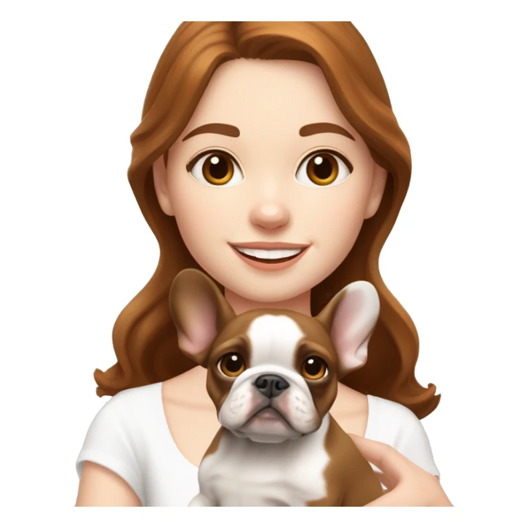 pale white skinned girl with medium chestnut wavy hair holding a brown and white french bulldog puppy  sticker