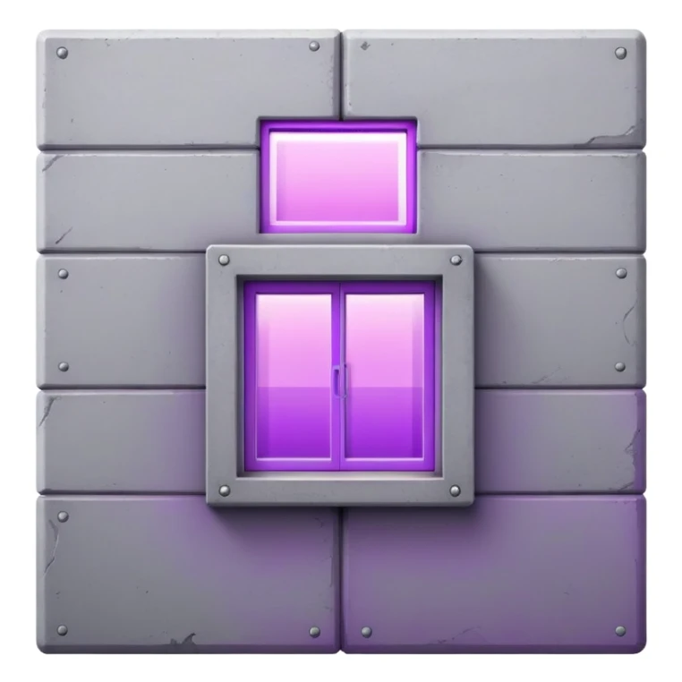 Minimalist gray concrete panel building with one window glowing bright purple from grow lights inside, simple rectangular structure sticker