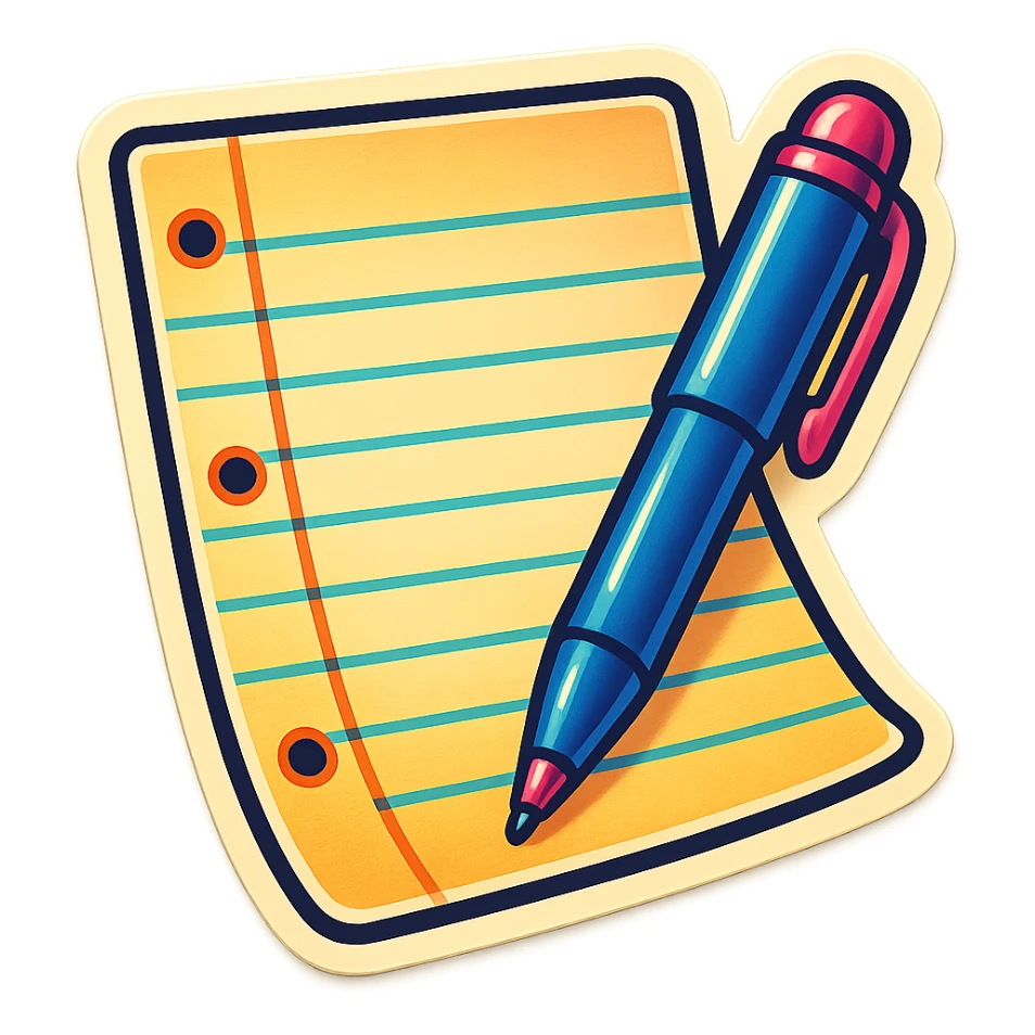 a fun and bold sticker of a single sheet of lined paper with a pen sticker