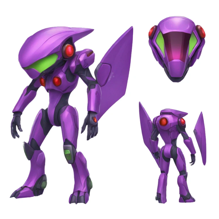 a shiny purple-green-red Genesect-Raptor-Fakémon—hybrid with a futuristic visor-helmet full body sticker