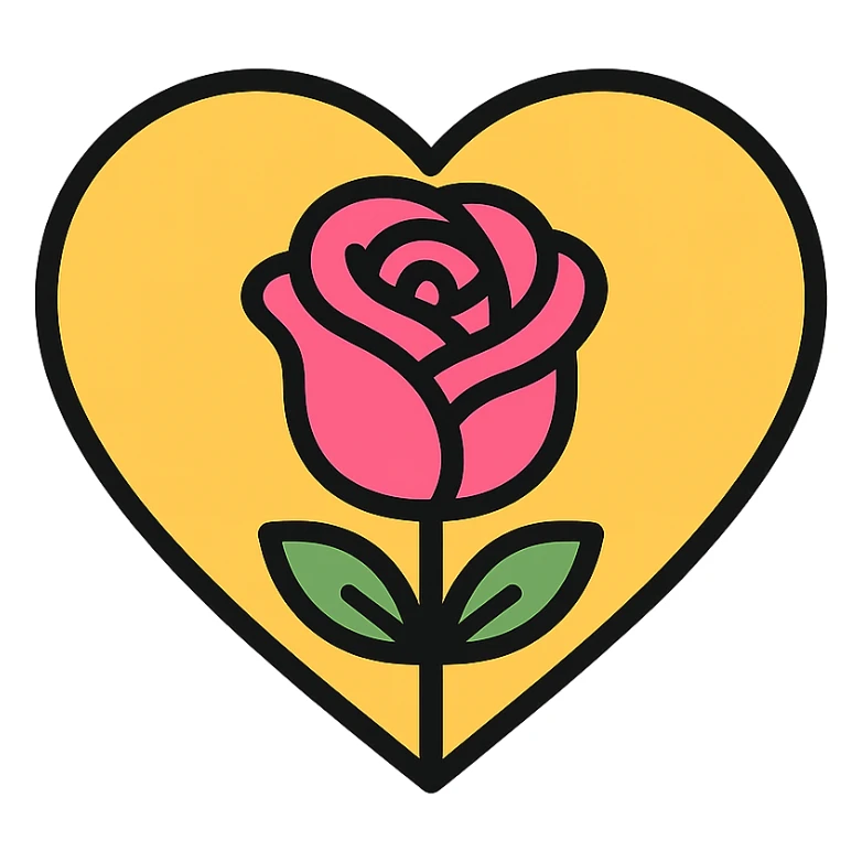pink rose inside a heart outline, soft and charming, icon style sticker