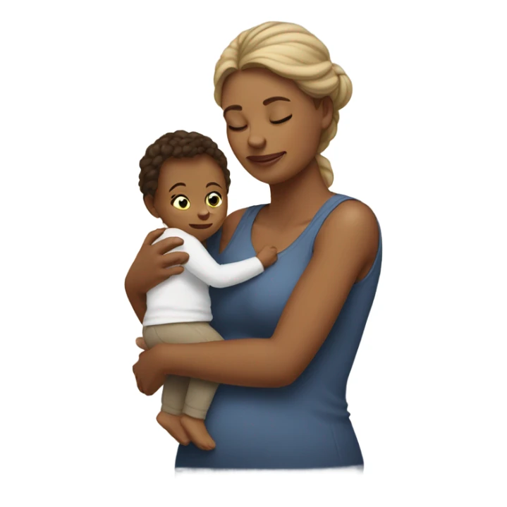 A tired mom holding a baby and a toddler sticker