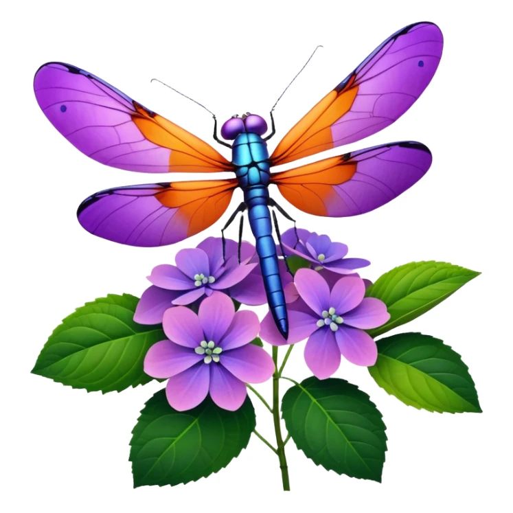 3D Realistic Still life, vivid, bold, purple detailed Hydrangea macrophylla, green leaves, ultra detailed orange and purple wings, dragonfly resting  sticker