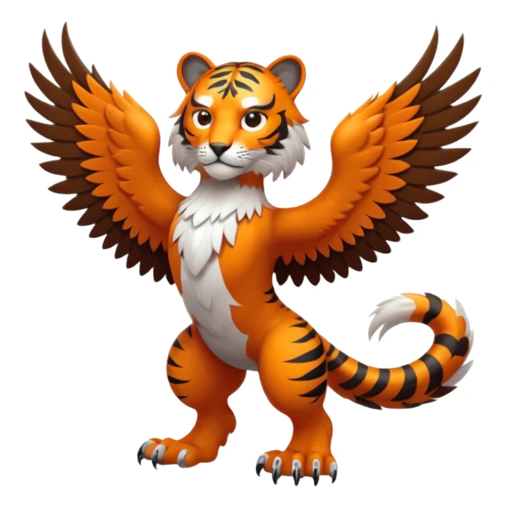 fusion creature with a tiger's body, two eagle heads, feathered wings, and tiger paws, in a dramatic stance, simplified and cute, bold lines, minimal detail sticker