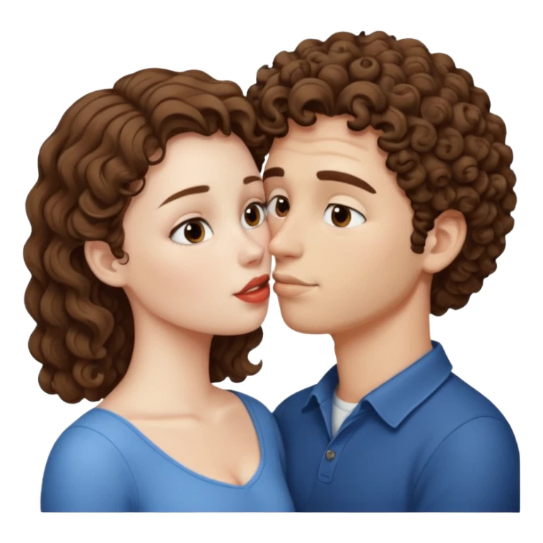 A couple kissing, the man would be white-skinned, short-curly, brown-haired. The serious woman with white skin, long hair and brown color sticker