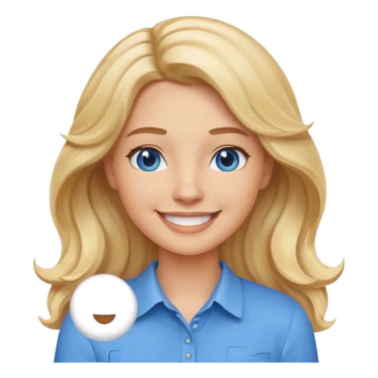Create a custom emoji-style character inspired by a smiling woman with long, wavy blonde hair, light skin tone, and blue eyes. Emphasize a friendly, approachable expression with a bright smile and soft features. sticker