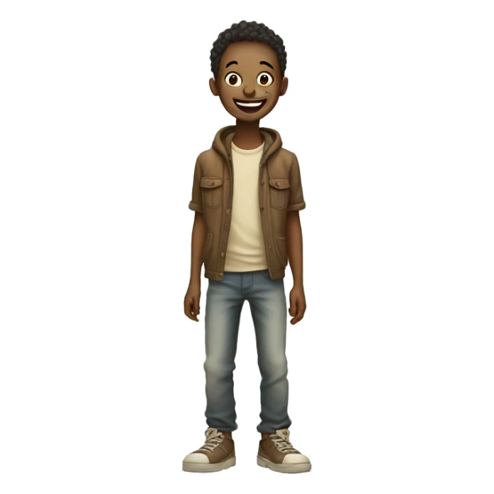 A skinny boy stands in old clothes and laughs sticker