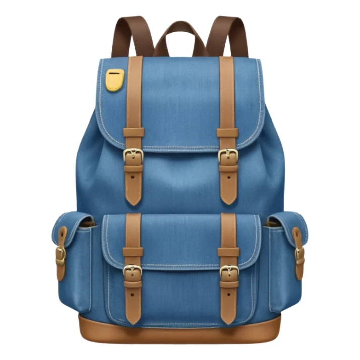 blue denim backpack with a flap top and one small buckle straps attached only on the flap, not connected to the front panel. No front pockets or vertical straps below the flap. Clean and minimal design with two side pockets. 



 sticker