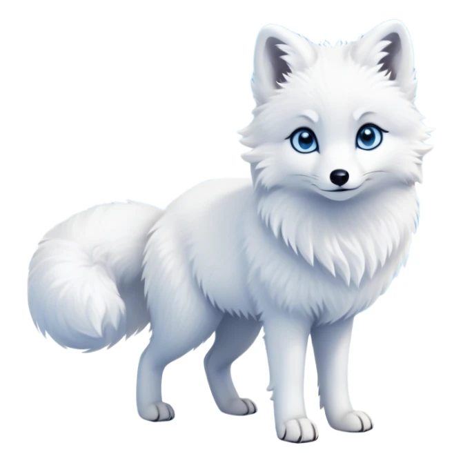 cinematic-arctic-fox-realistic-full-body-standing-emoji,-fluffy-tail-curled-slightly-around-its-white paws,-thick-pure-white-fur-blending-into-the-snowy-landscape,-head-tilted-dramatically,-bright-blue-eyes-glistening-with-intelligence,-simplified-yet-realistic-focused-features,-highly-detailed,-glowing-with-an-almost-sarcastic-glow expressive eyes sticker