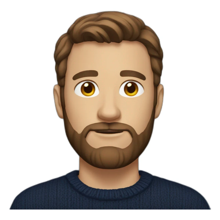 Man with brown hair and trimmed beard and navy sweater sticker